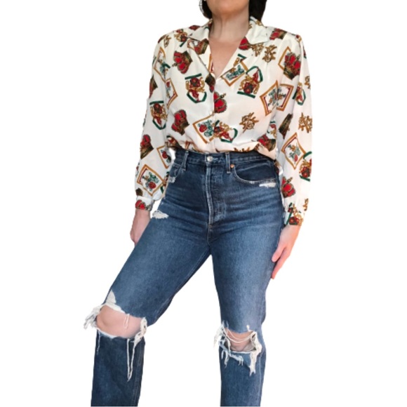 Vintage 80s Medieval Royal Regal Core Crown Monarchy Latin Novelty Blouse L/XL - Picture 6 of 17